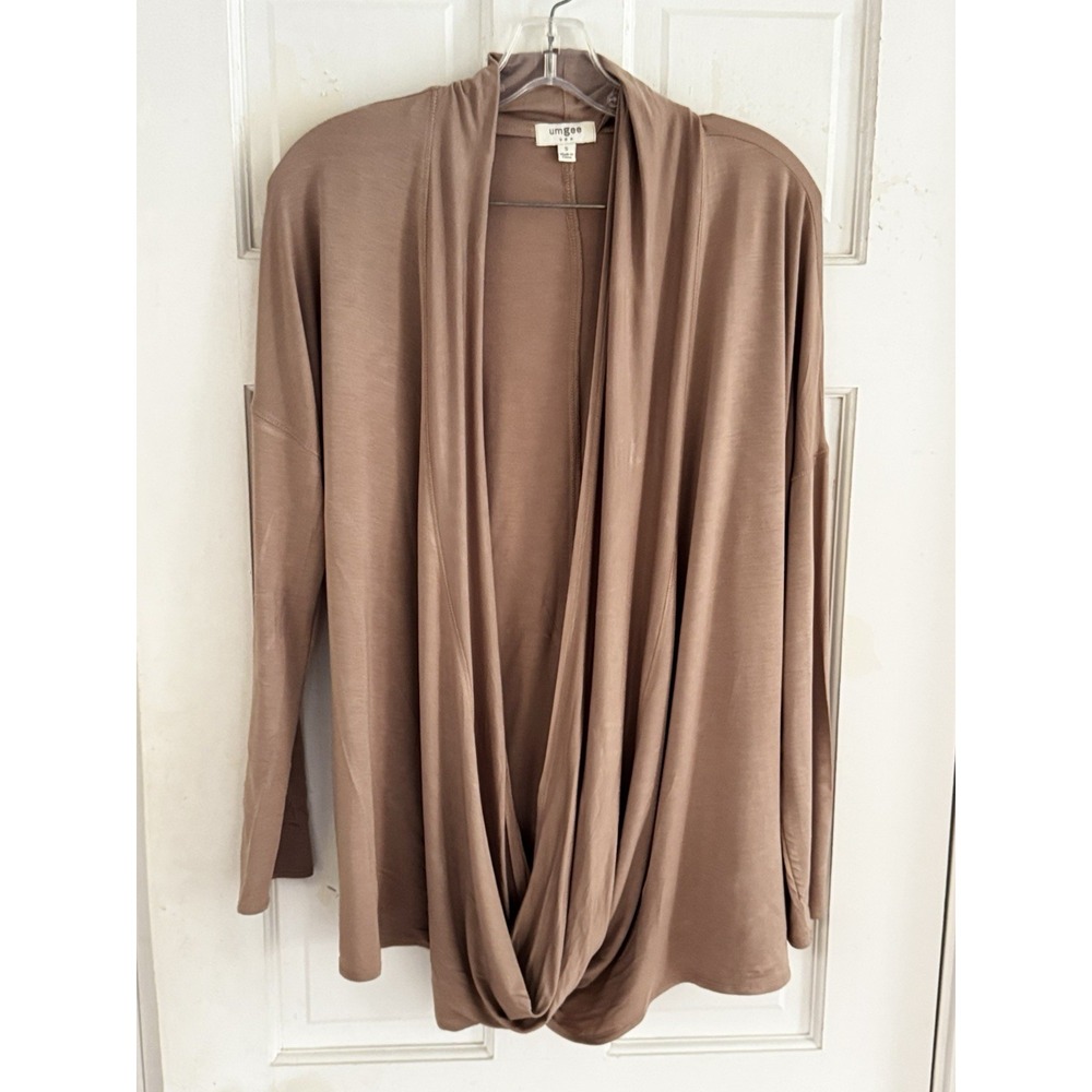 Umgee USA Drape Front Cardigan Slinky Sexy Top Sz S Taupe Brown Long Sleeve